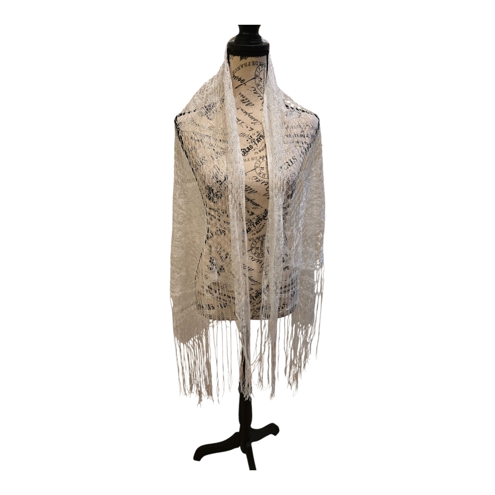Elegant White Lace Scarf with Fringe